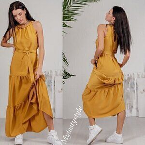 NWT Tiered Maxi Boho Belted Ruffled Sleeveless Yellow Amber Crepe Satin …
